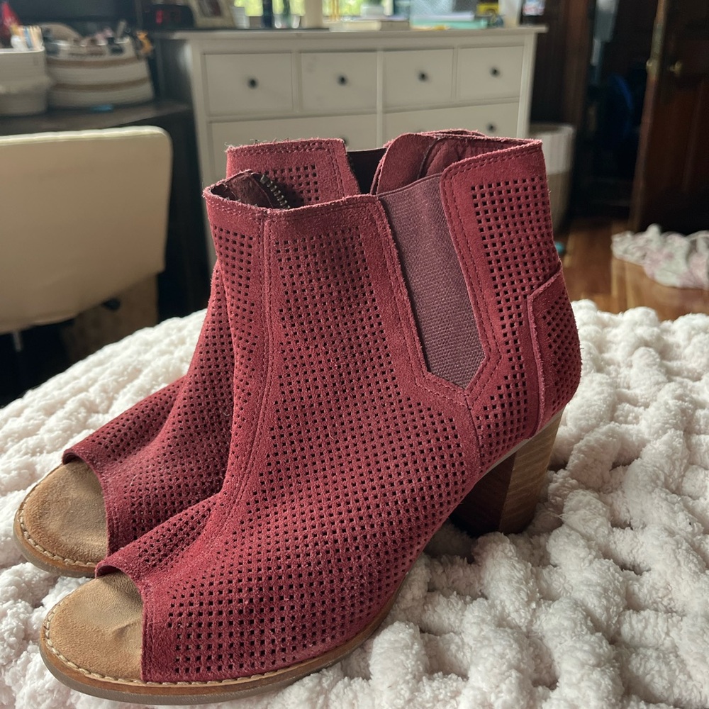 Toms Maroon Peep-Toe Ankle Booties